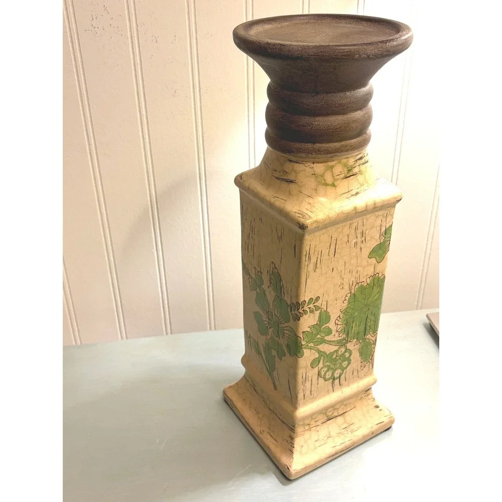 Vintage Style Floral Ceramic Pillar‎ Candle Holder Crackle Glaze Farmhouse 13.5